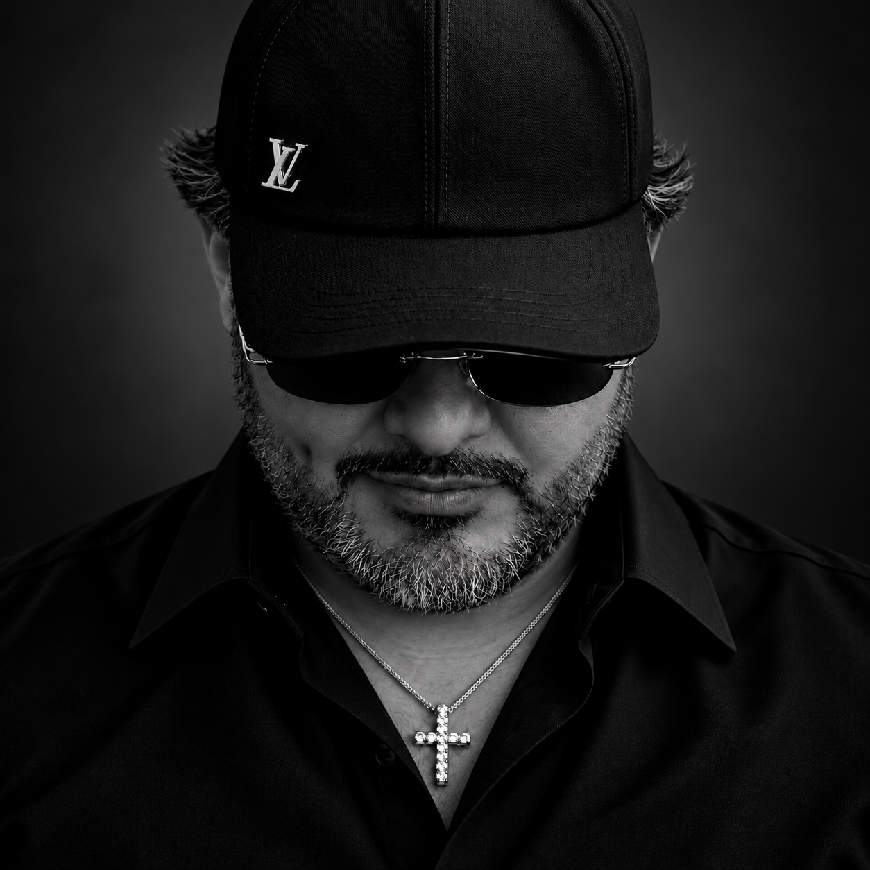 Aflo in black and white, wearing a black cap, dark sunglasses and a cross necklace